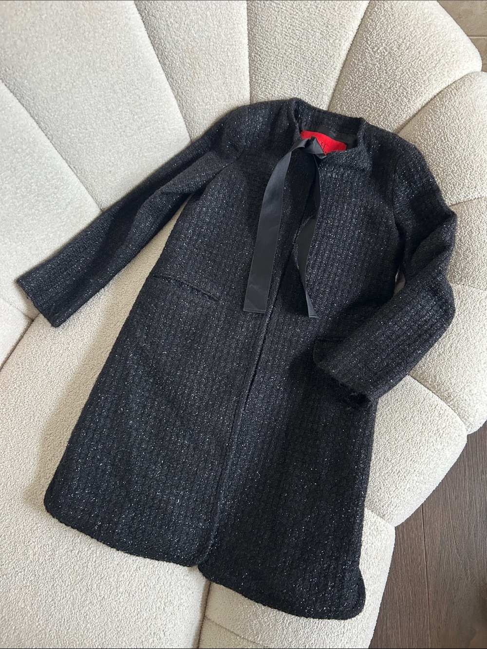 Carolina Herrera Black Tweed Long Coat with Satin Ribbon